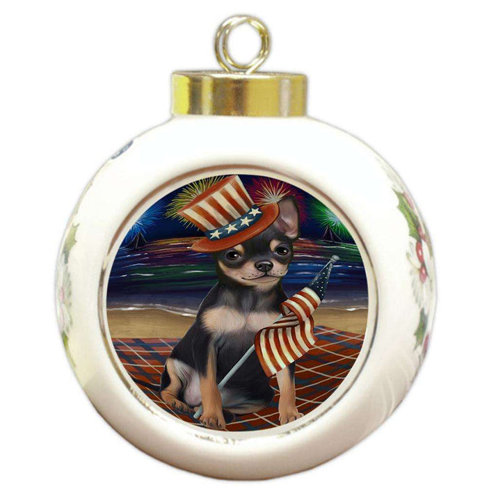 4th of July Independence Day Firework Chihuahua Dog Round Ball Christmas Ornament RBPOR48880