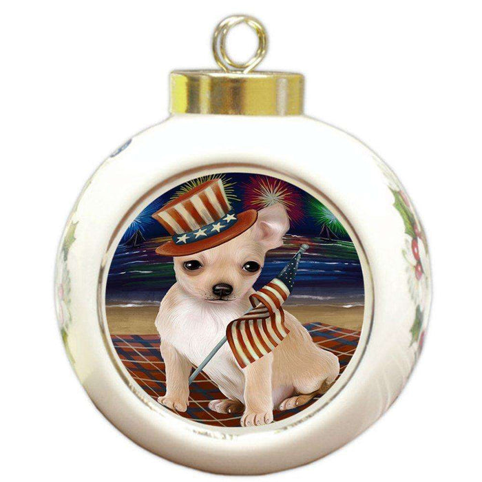 4th of July Independence Day Firework Chihuahua Dog Round Ball Christmas Ornament RBPOR48881