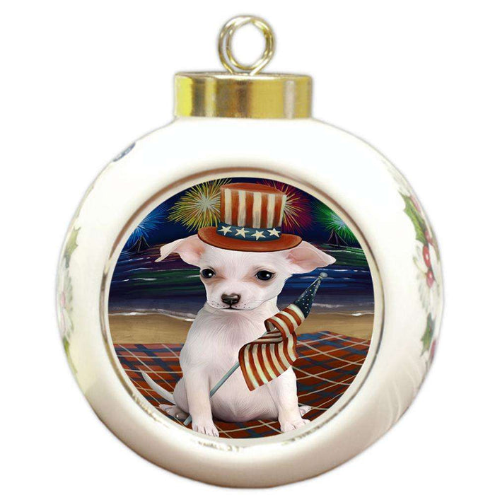 4th of July Independence Day Firework Chihuahua Dog Round Ball Christmas Ornament RBPOR48882