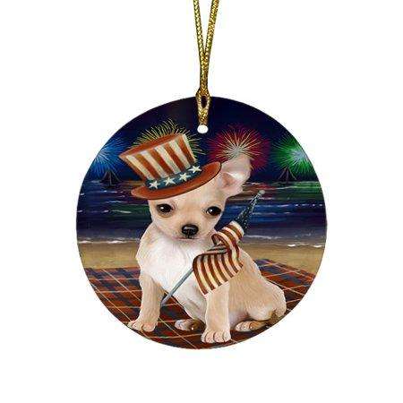 4th of July Independence Day Firework Chihuahua Dog Round Christmas Ornament RFPOR48872