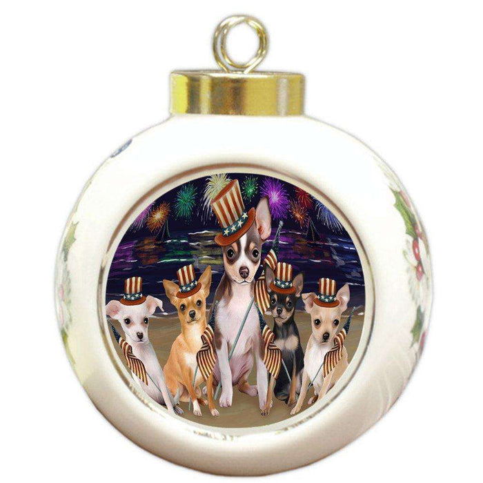 4th of July Independence Day Firework Chihuahuas Dog Round Ball Christmas Ornament RBPOR48878