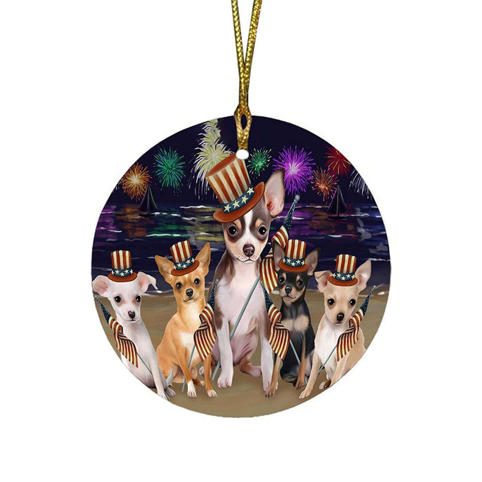 4th of July Independence Day Firework Chihuahuas Dog Round Christmas Ornament RFPOR48869