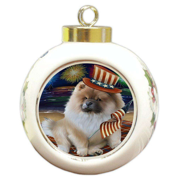 4th of July Independence Day Firework Chow Chow Dog Round Ball Christmas Ornament RBPOR48885