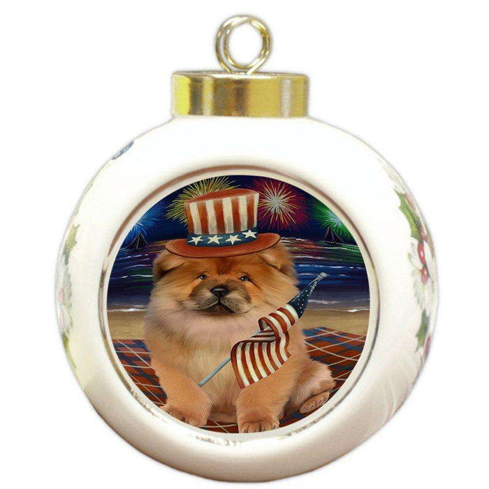 4th of July Independence Day Firework Chow Chow Dog Round Ball Christmas Ornament RBPOR48888