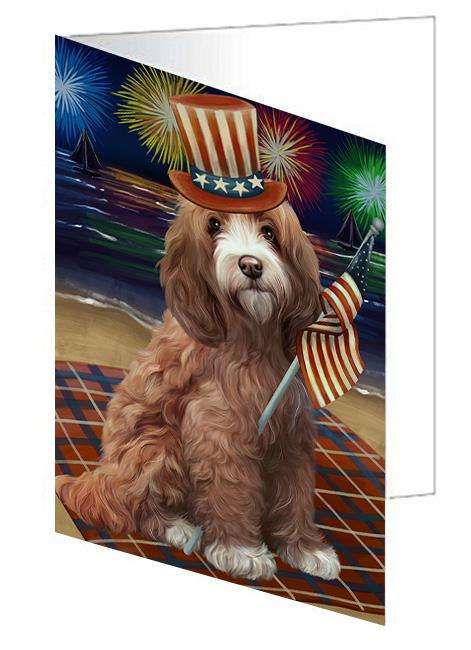 4th of July Independence Day Firework Cockapoo Dog Handmade Artwork Assorted Pets Greeting Cards and Note Cards with Envelopes for All Occasions and Holiday Seasons GCD61280