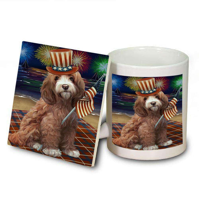 4th of July Independence Day Firework Cockapoo Dog Mug and Coaster Set MUC52019