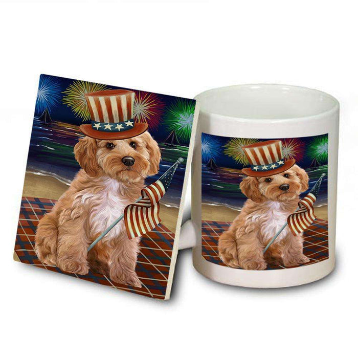 4th of July Independence Day Firework Cockapoo Dog Mug and Coaster Set MUC52021