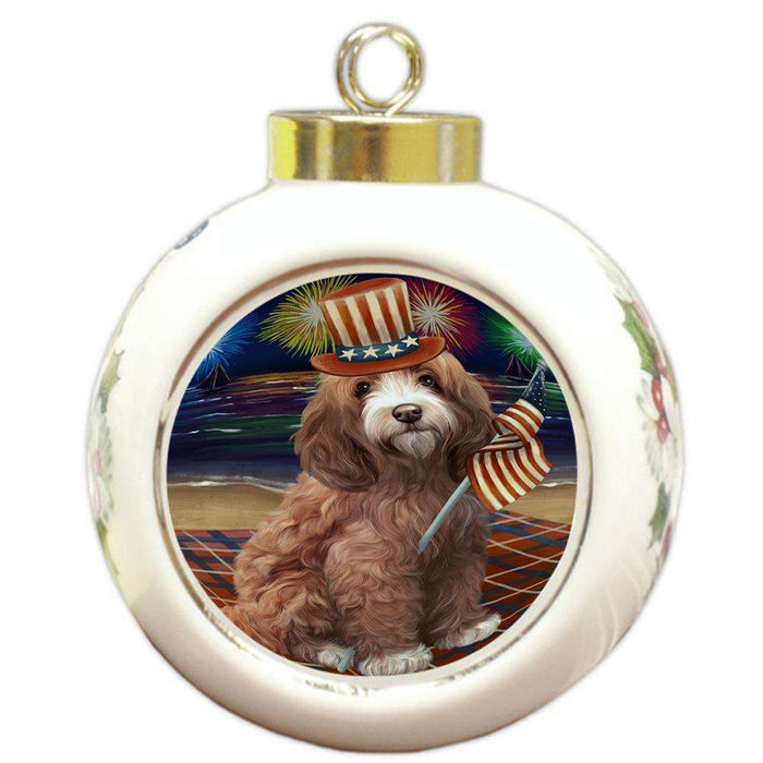 4th of July Independence Day Firework Cockapoo Dog Round Ball Christmas Ornament RBPOR52027