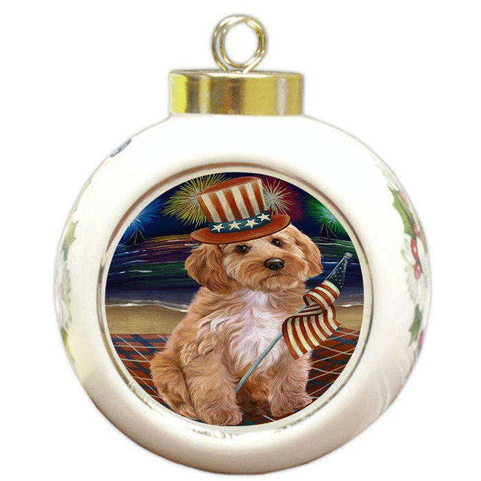 4th of July Independence Day Firework Cockapoo Dog Round Ball Christmas Ornament RBPOR52029