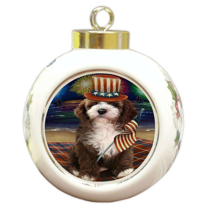 4th of July Independence Day Firework Cockapoo Dog Round Ball Christmas Ornament RBPOR52030