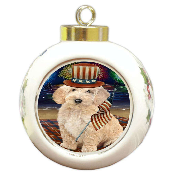 4th of July Independence Day Firework Cockapoo Dog Round Ball Christmas Ornament RBPOR52032