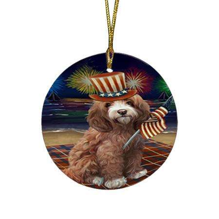 4th of July Independence Day Firework Cockapoo Dog Round Flat Christmas Ornament RFPOR52018