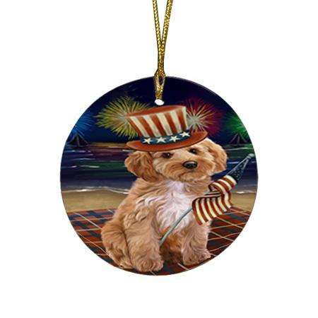 4th of July Independence Day Firework Cockapoo Dog Round Flat Christmas Ornament RFPOR52020