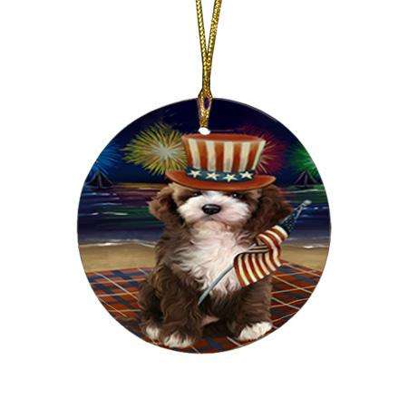 4th of July Independence Day Firework Cockapoo Dog Round Flat Christmas Ornament RFPOR52021