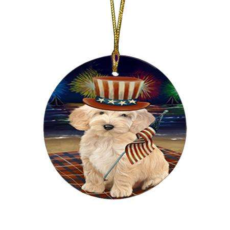 4th of July Independence Day Firework Cockapoo Dog Round Flat Christmas Ornament RFPOR52023