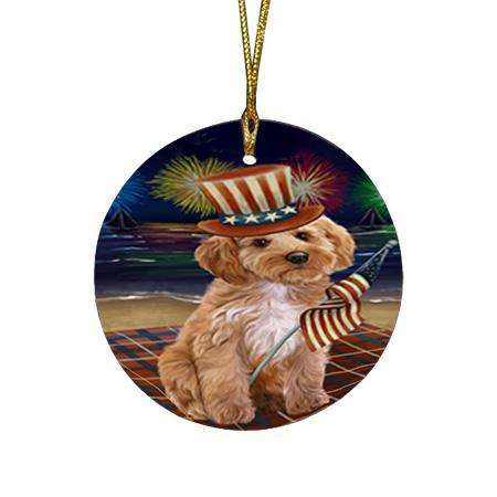 4th of July Independence Day Firework Cockapoo Dog Round Flat Christmas Ornament RFPOR52410