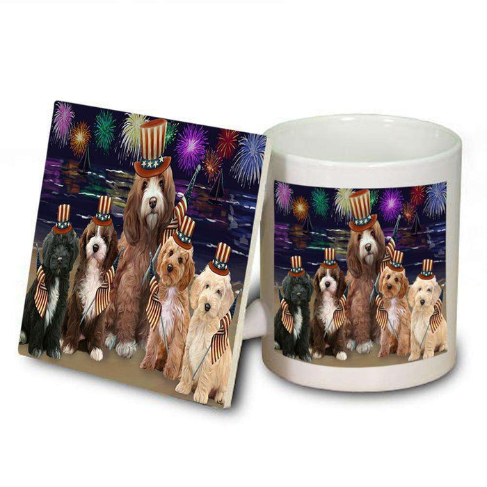 4th of July Independence Day Firework Cockapoos Dog Mug and Coaster Set MUC52020