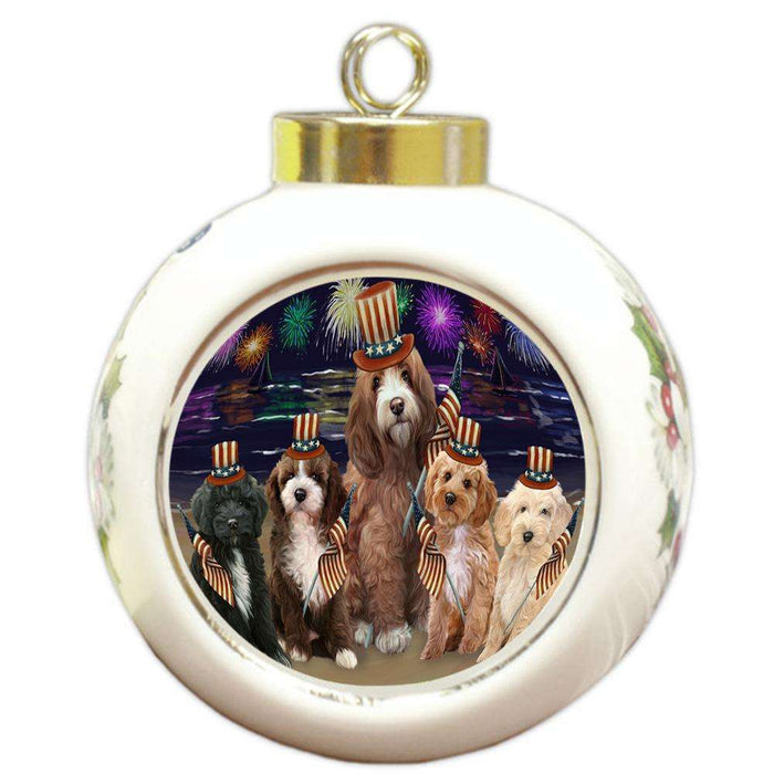 4th of July Independence Day Firework Cockapoos Dog Round Ball Christmas Ornament RBPOR52028