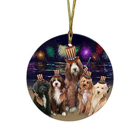 4th of July Independence Day Firework Cockapoos Dog Round Flat Christmas Ornament RFPOR52019
