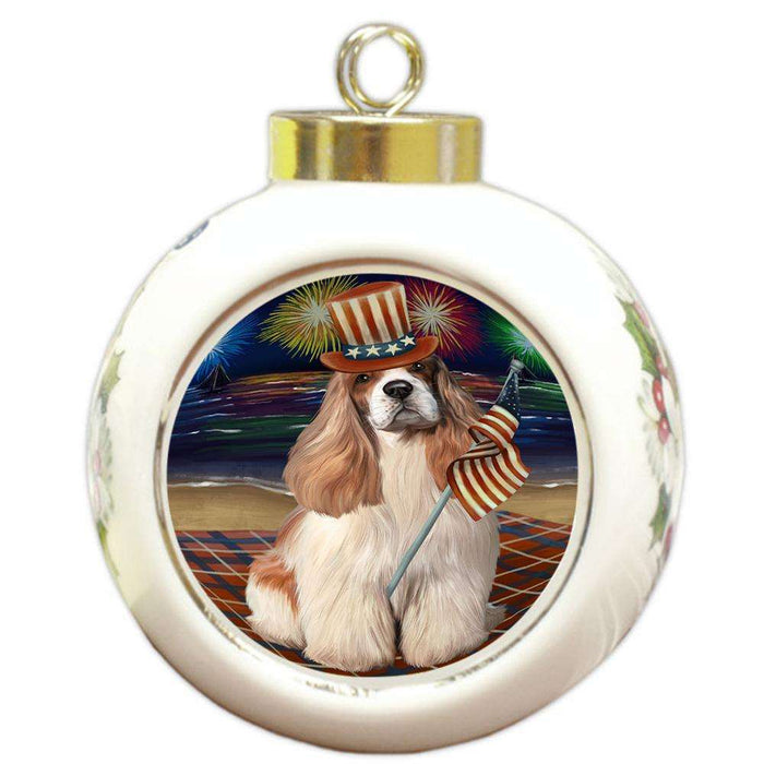 4th of July Independence Day Firework Cocker Spaniel Dog Round Ball Christmas Ornament RBPOR52033