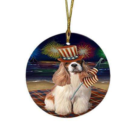 4th of July Independence Day Firework Cocker Spaniel Dog Round Flat Christmas Ornament RFPOR52024