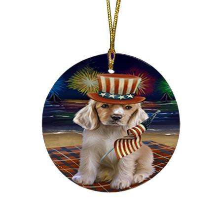 4th of July Independence Day Firework Cocker Spaniel Dog Round Flat Christmas Ornament RFPOR52028