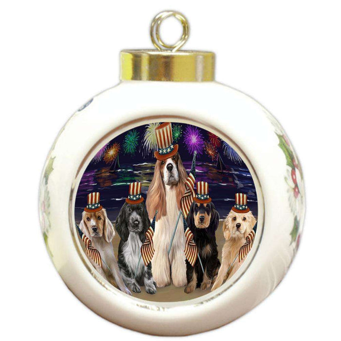 4th of July Independence Day Firework Cocker Spaniels Dog Round Ball Christmas Ornament RBPOR52034