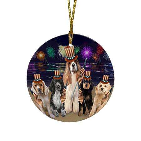4th of July Independence Day Firework Cocker Spaniels Dog Round Flat Christmas Ornament RFPOR52025