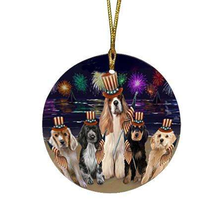 4th of July Independence Day Firework Cocker Spaniels Dog Round Flat Christmas Ornament RFPOR52415