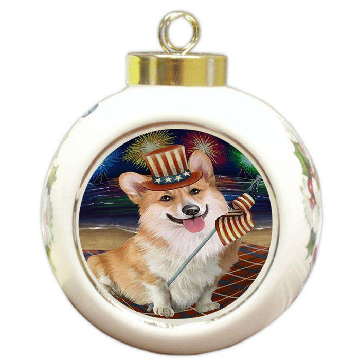 4th of July Independence Day Firework Corgie Dog Round Ball Christmas Ornament RBPOR48889