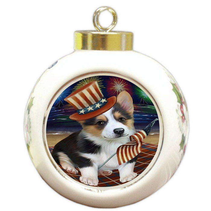 4th of July Independence Day Firework Corgie Dog Round Ball Christmas Ornament RBPOR48891