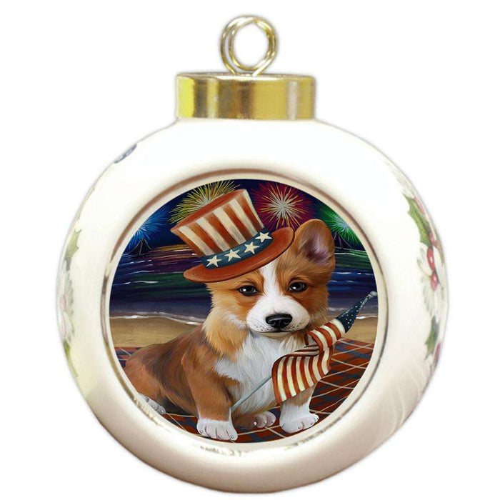4th of July Independence Day Firework Corgie Dog Round Ball Christmas Ornament RBPOR48892