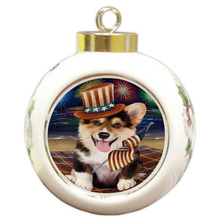 4th of July Independence Day Firework Corgie Dog Round Ball Christmas Ornament RBPOR48893