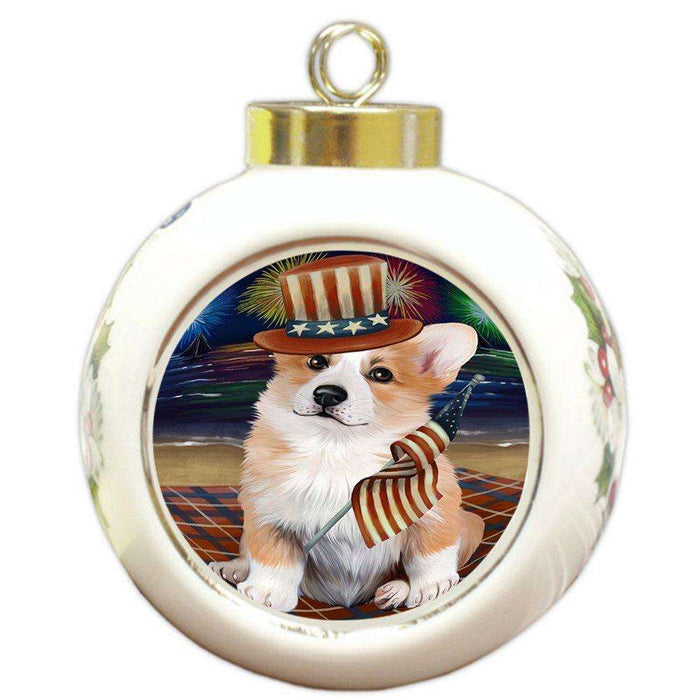 4th of July Independence Day Firework Corgie Dog Round Ball Christmas Ornament RBPOR48894