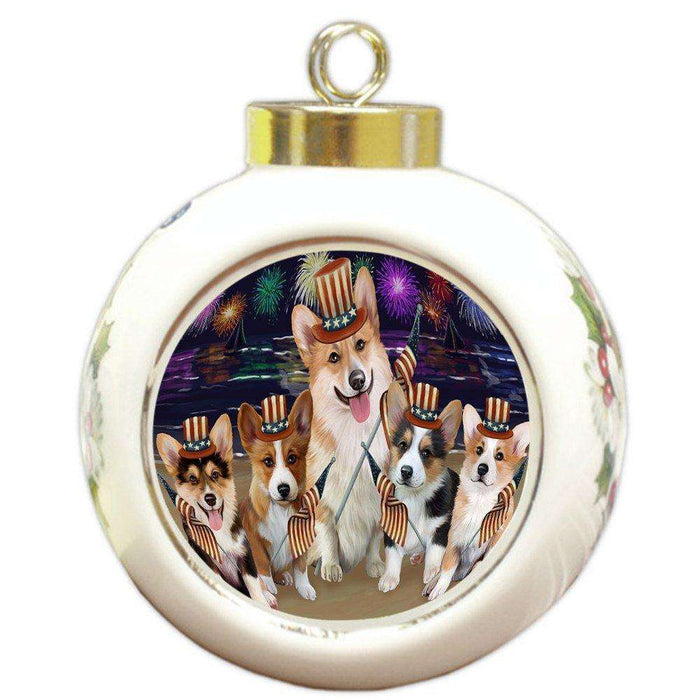 4th of July Independence Day Firework Corgies Dog Round Ball Christmas Ornament RBPOR48890
