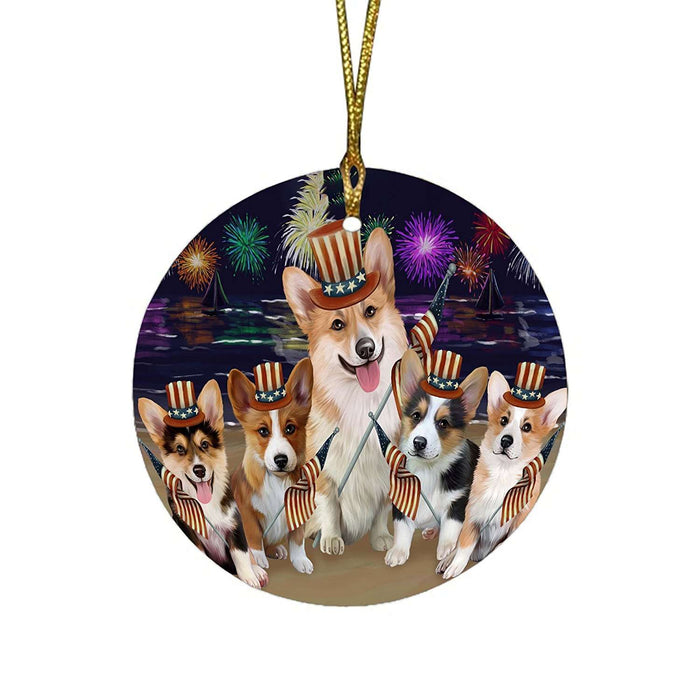 4th of July Independence Day Firework Corgies Dog Round Christmas Ornament RFPOR48881