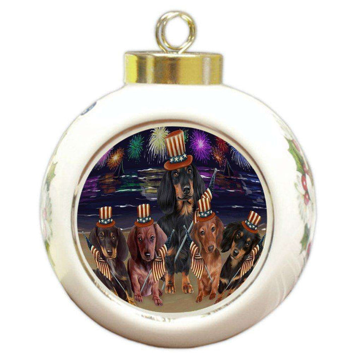 4th of July Independence Day Firework Dachshund Dog Round Ball Christmas Ornament RBPOR48739