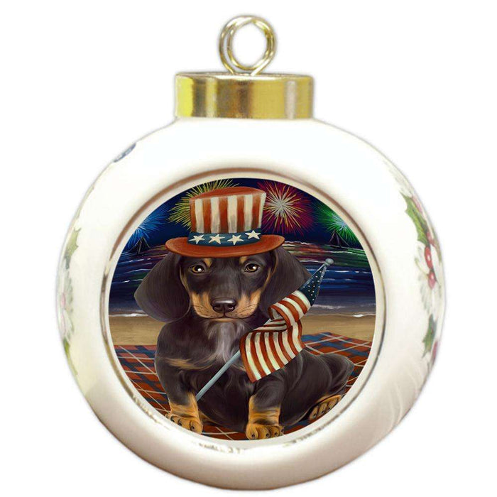 4th of July Independence Day Firework Dachshund Dog Round Ball Christmas Ornament RBPOR48740