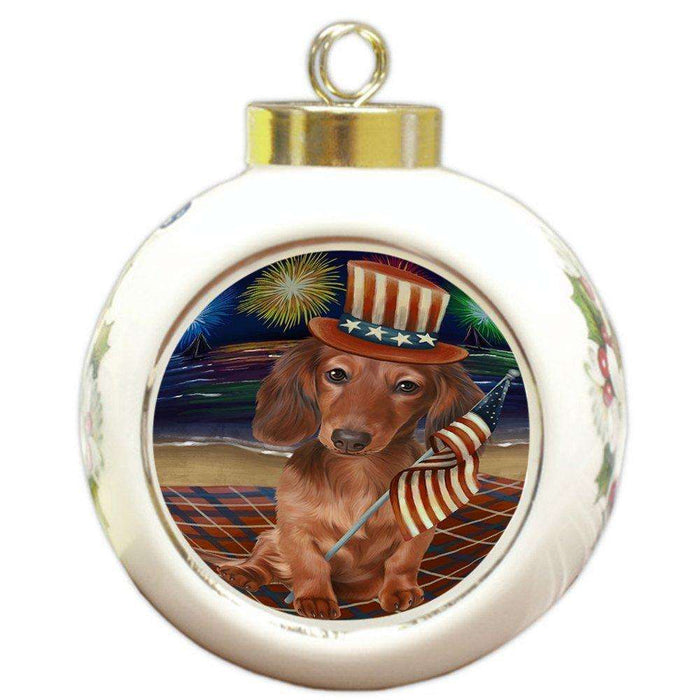 4th of July Independence Day Firework Dachshund Dog Round Ball Christmas Ornament RBPOR48741