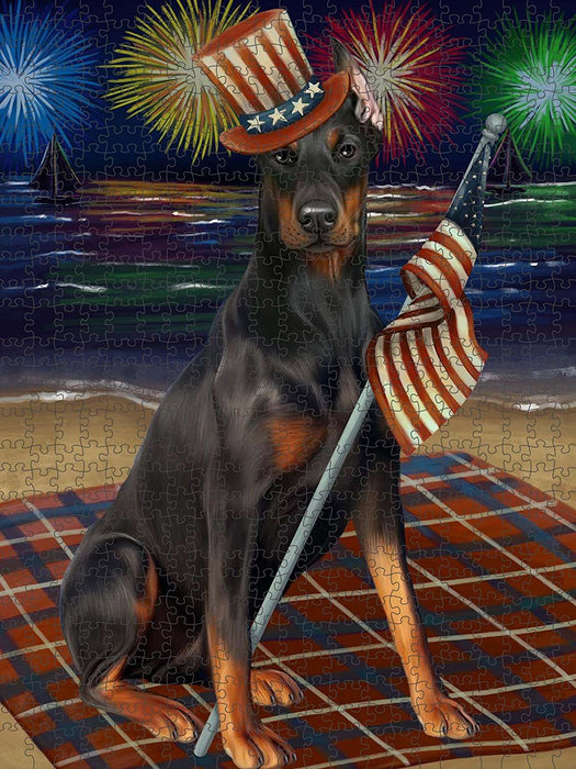 4th of July Independence Day Firework Doberman Pinscher Dog Puzzle with Photo Tin PUZL50877