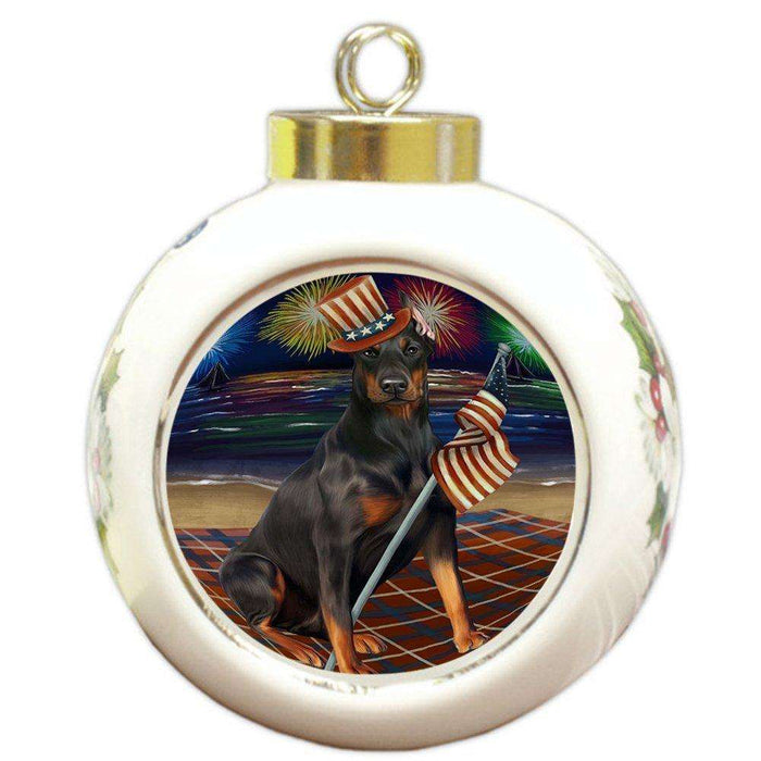 4th of July Independence Day Firework Doberman Pinscher Dog Round Ball Christmas Ornament RBPOR48898
