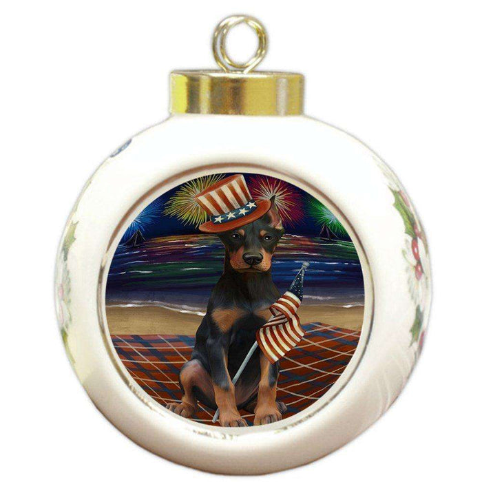 4th of July Independence Day Firework Doberman Pinscher Dog Round Ball Christmas Ornament RBPOR48900