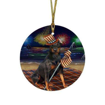 4th of July Independence Day Firework Doberman Pinscher Dog Round Christmas Ornament RFPOR48889