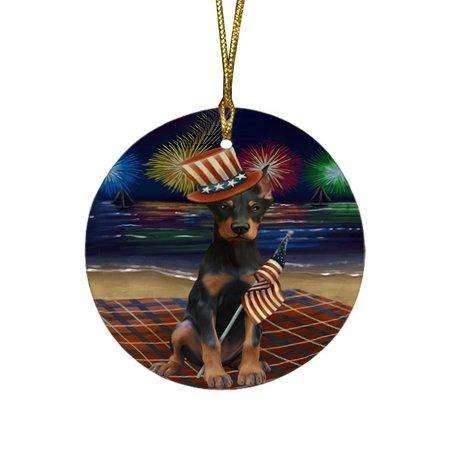 4th of July Independence Day Firework Doberman Pinscher Dog Round Christmas Ornament RFPOR48891