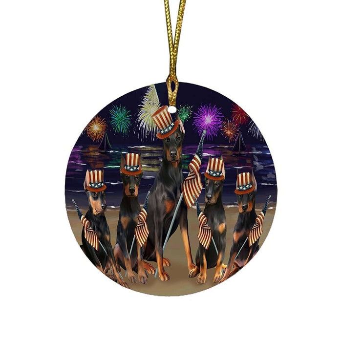 4th of July Independence Day Firework Doberman Pinschers Dog Round Christmas Ornament RFPOR48890