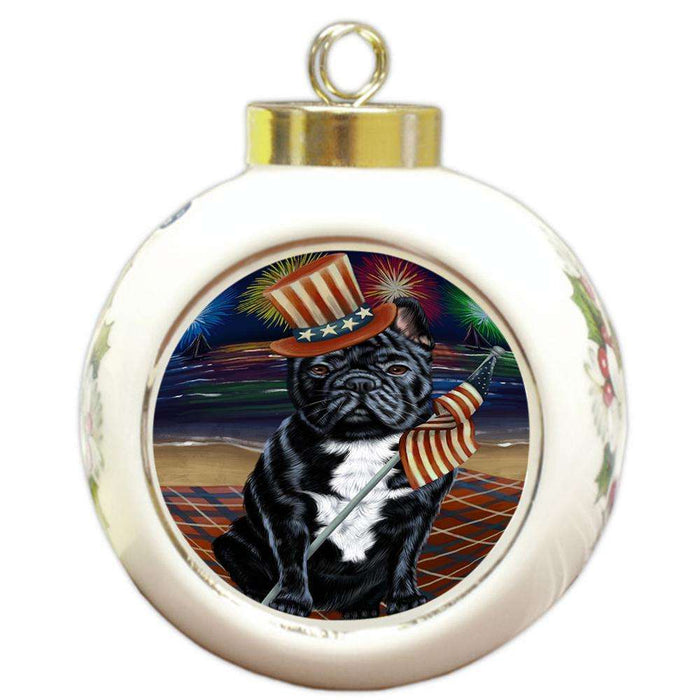 4th of July Independence Day Firework French Bulldog Round Ball Christmas Ornament RBPOR48901