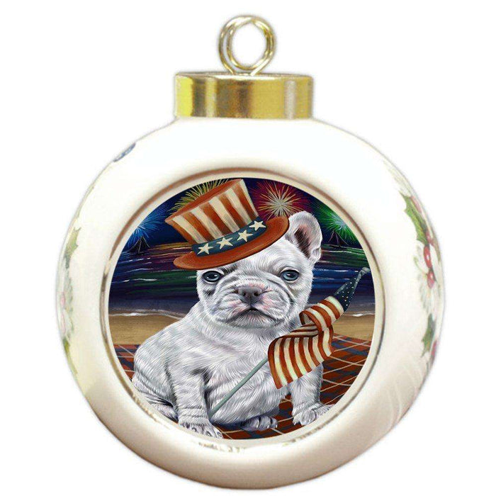 4th of July Independence Day Firework French Bulldog Round Ball Christmas Ornament RBPOR48903