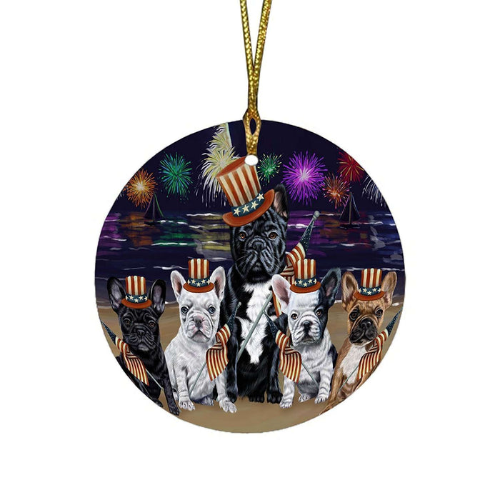 4th of July Independence Day Firework French Bulldogs Round Christmas Ornament RFPOR48893