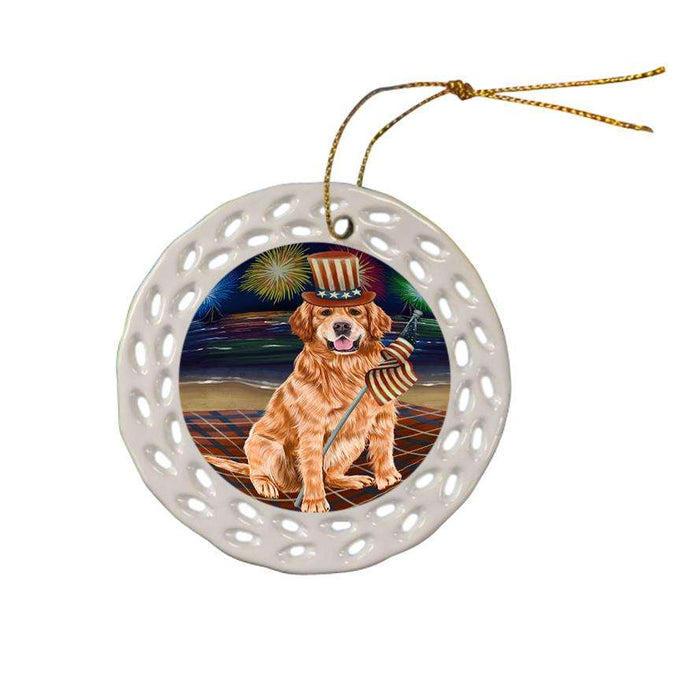4th of July Independence Day Firework Golden Retriever Dog Ceramic Doily Ornament DPOR48909