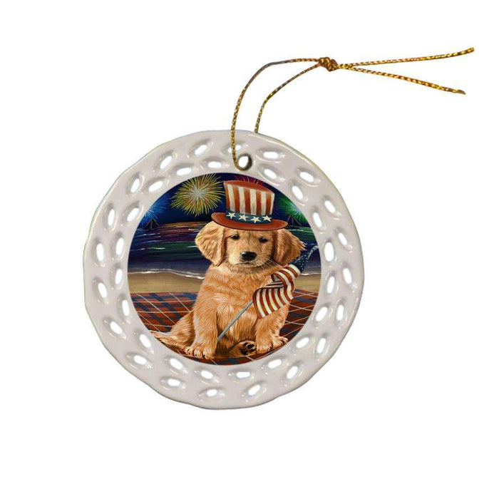 4th of July Independence Day Firework Golden Retriever Dog Ceramic Doily Ornament DPOR48911